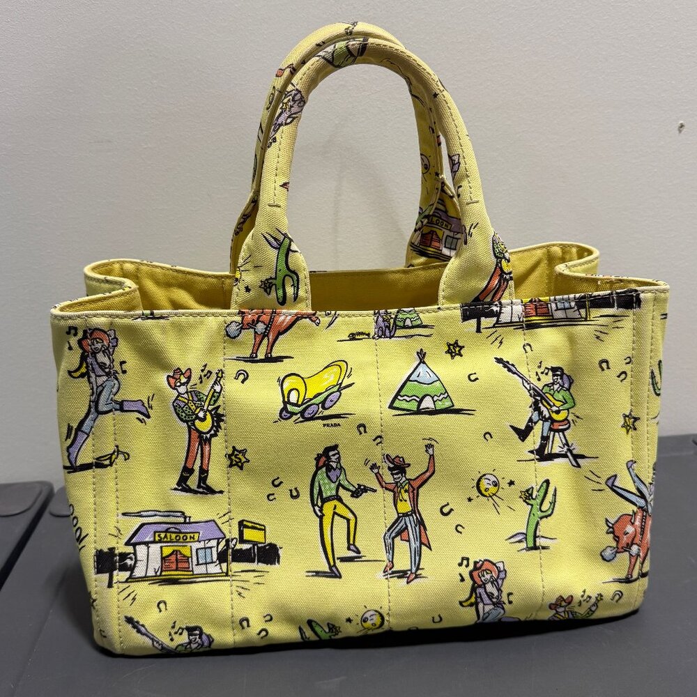 Prada Western Canapa Stampata Yellow Tote Bag